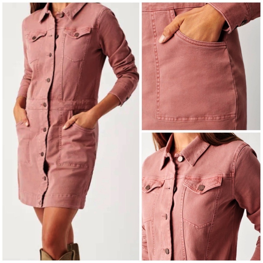 Faherty Jean Jacket Dress Organic Cotton‎ Brownie Button Front Long Sleeve Large